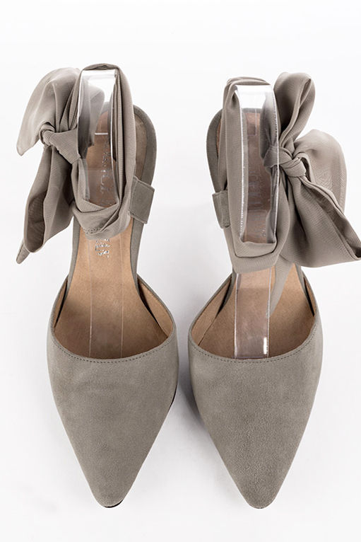 Bronze beige women's open back shoes, with an ankle scarf. Tapered toe. High slim heel. Top view - Florence KOOIJMAN